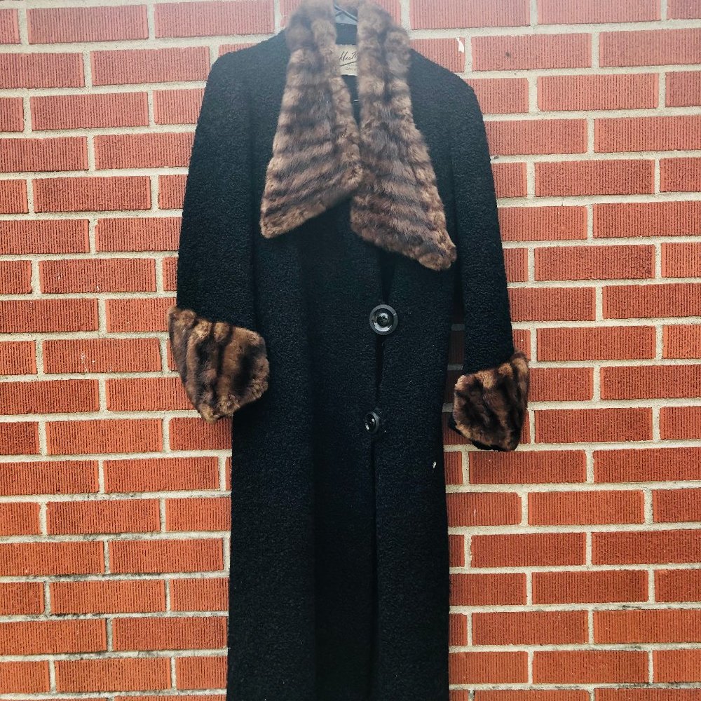 Vintage Full Length Coat, Faux Fur Trim